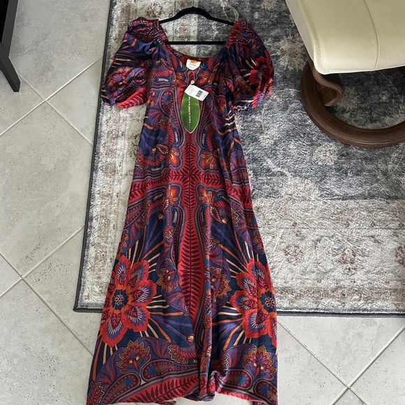 FARM Rio Dresses & Skirts - FARM Rio Red and Navy Macaw Paisley Puff-Sleeve Dress